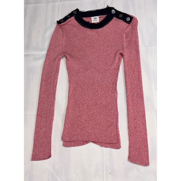 H&M‎ Studio Ribbed Knit Top Button Shoulder Detail Long Sleeve Pink Size 14 - Picture 1 of 7